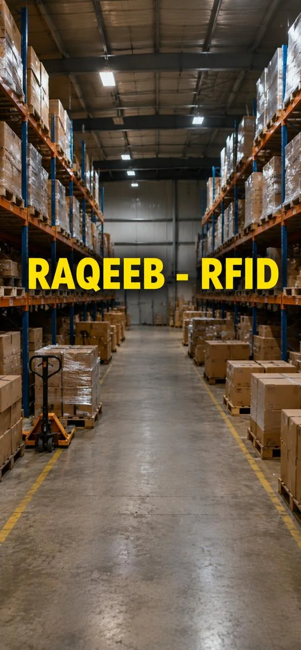 Warehouse aisle with racked stock under RFID asset tracking