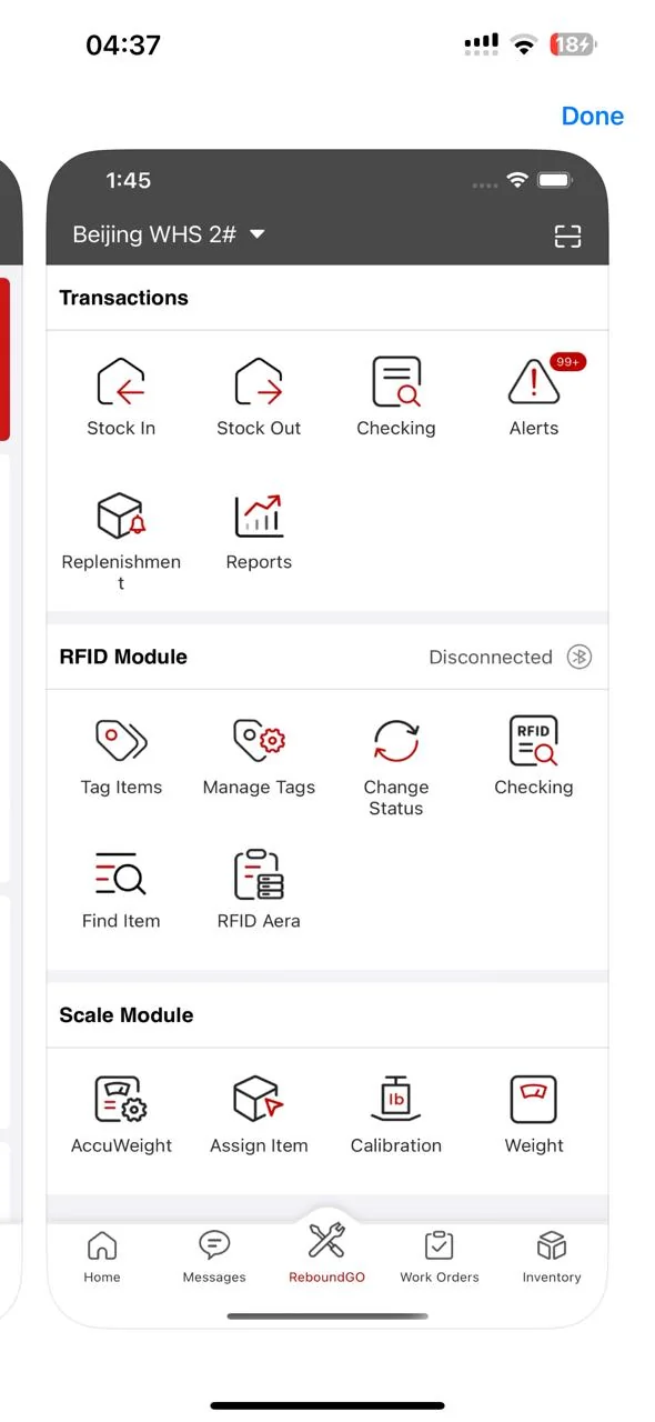 Warehouse mobile application home screen showing transactions, RFID module and scale module tiles