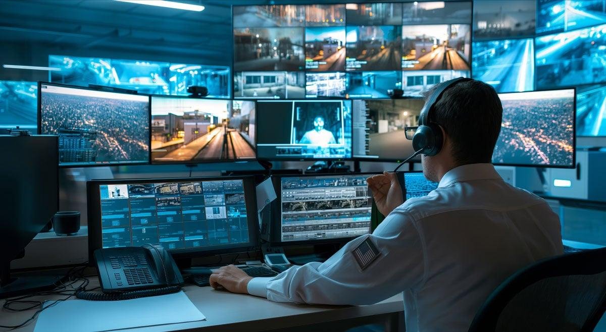 Security operators monitoring AI video analytics in a command centre