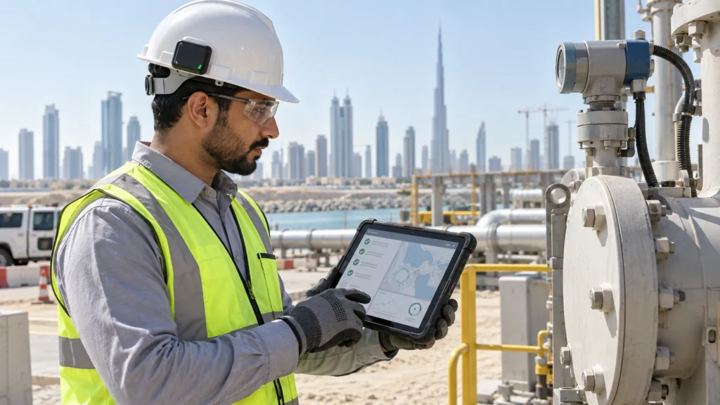 Site engineer wearing a smart helmet reviews a field inspection on a rugged tablet