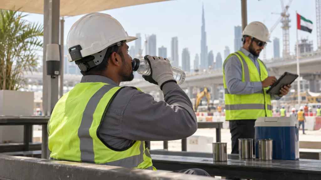 Worker wearing a sensor-enabled safety helmet takes a shaded hydration break at a UAE construction site
