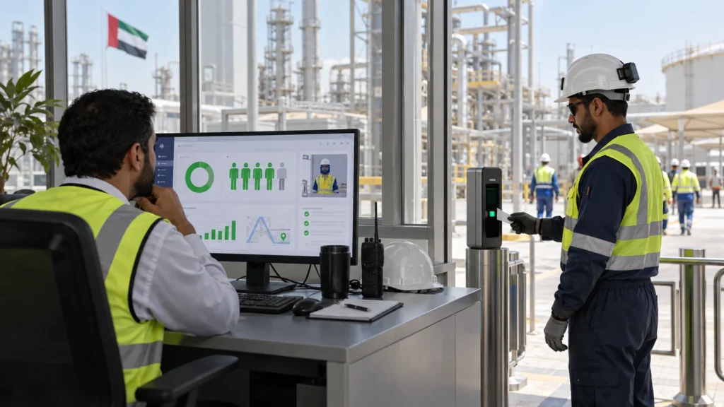 HSE supervisor and worker use a site safety monitoring workflow