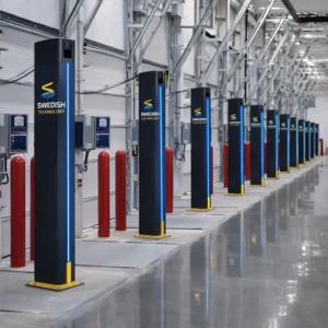 RFID gate pedestals along a warehouse dock