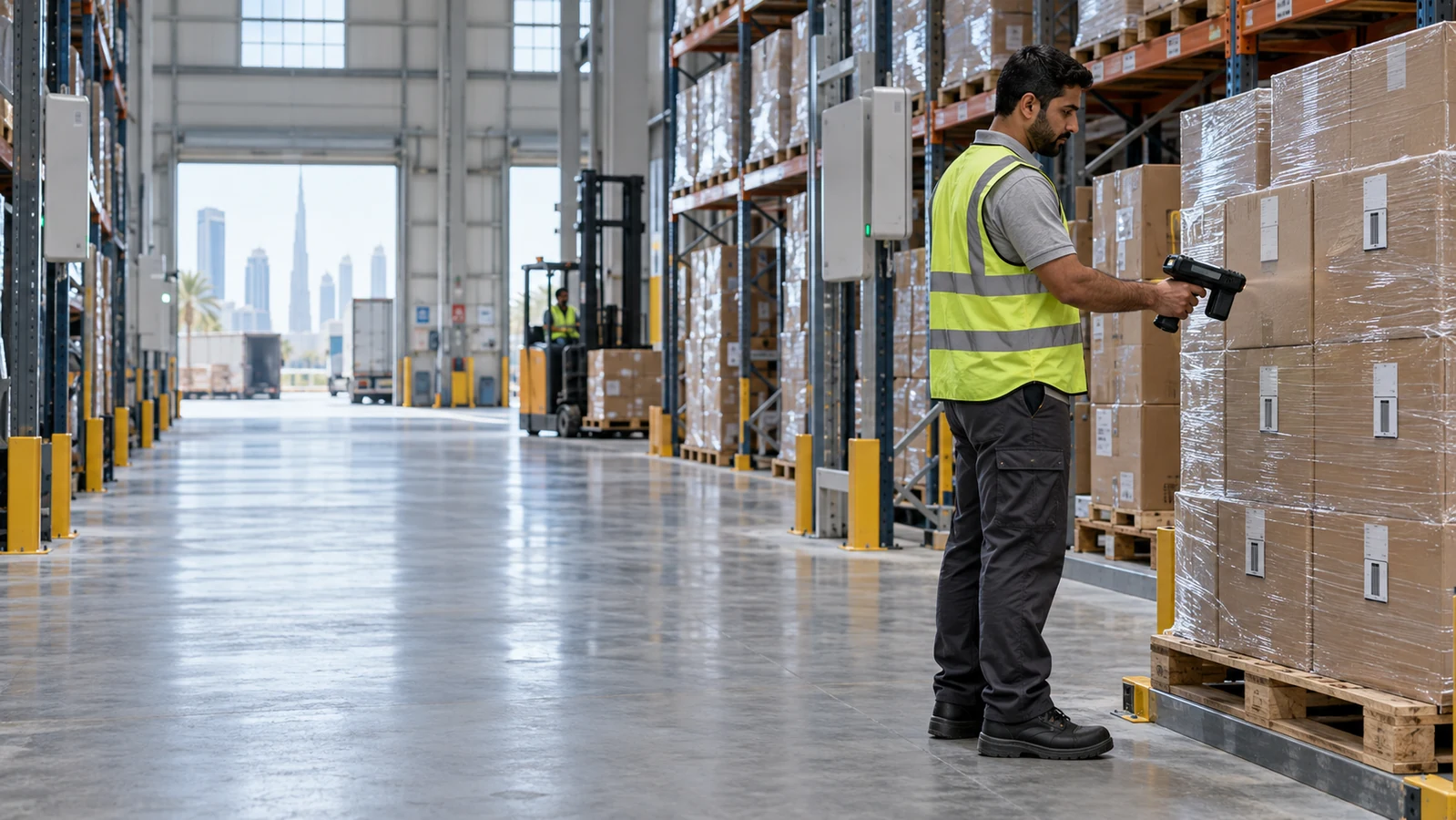 Warehouse operator scanning RFID-tagged cartons with a handheld reader