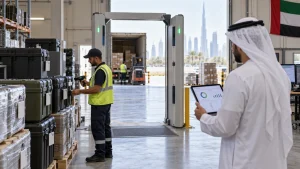UAE government inventory inspector scanning tagged equipment in a facilities storeroom