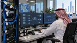 UAE facilities manager comparing annual inventory records with live asset data on an operations screen