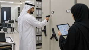 UAE government workers verifying tagged cabinets with an RFID reader and GIS tablet