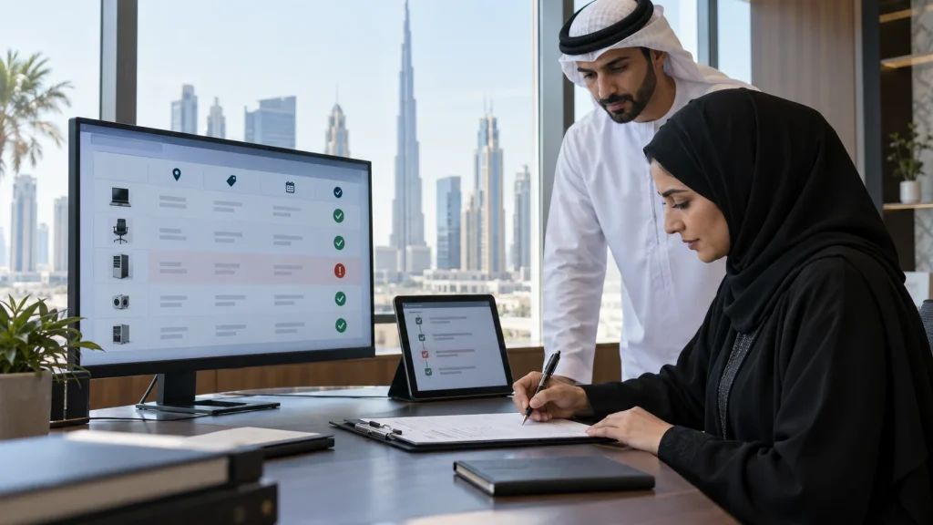 UAE government asset officers reviewing RFID evidence and an approved exception on a dashboard
