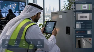 UAE government inspector checking a computer vision asset match against a physical cabinet and EAM record