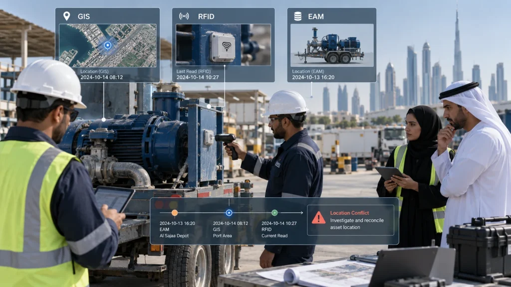 UAE government logistics team reconciling an asset location conflict between GIS, RFID and EAM