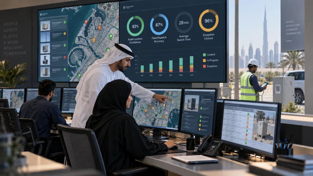 UAE government operations team measuring location confidence, search time and exception closure