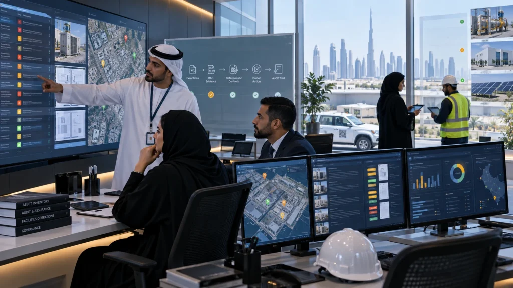 UAE government audit analysts reviewing AI-ranked exceptions with evidence and owner actions