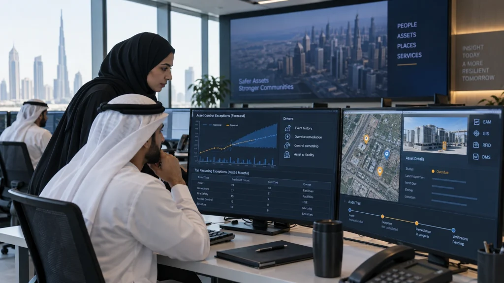 UAE public-sector analysts forecasting recurring asset-control exceptions from event history and remediation records