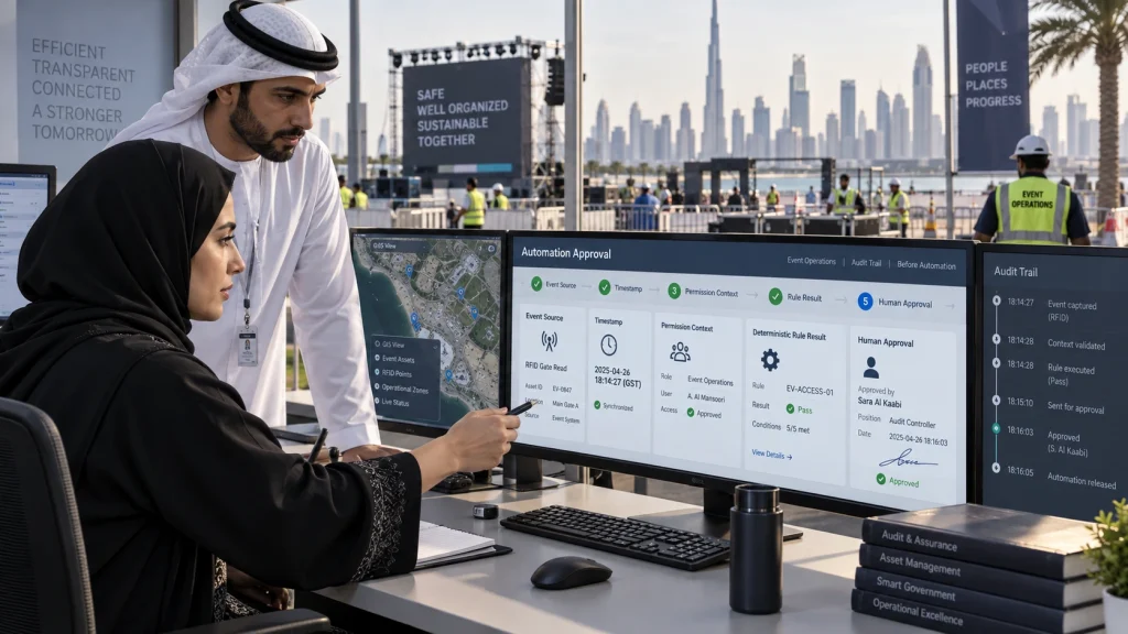 UAE audit controller validating source evidence, permission context and approval before automating a control response