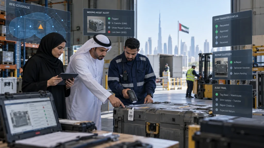 UAE government warehouse team investigating a missing-asset alert against RFID, EAM transfer and custody evidence