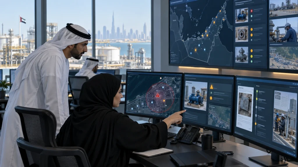 UAE asset control analysts reviewing AI-ranked missing-asset alerts with evidence from EAM, GIS and RFID