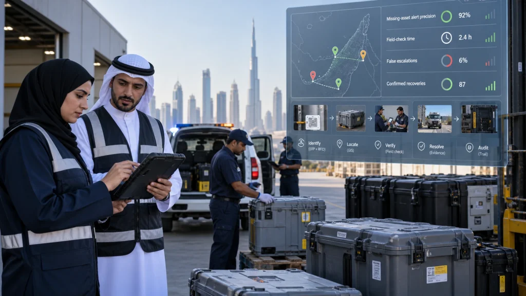 UAE government operations team measuring missing-asset alert precision, field-check time and confirmed recovery outcomes