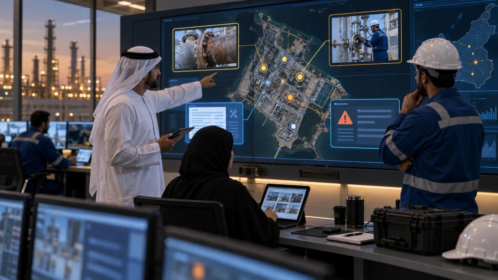 UAE safety engineers connecting inspection findings, GIS locations, maintenance work orders and approval evidence