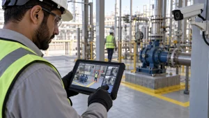 UAE safety inspector checking a computer-vision inspection alert against a physical asset and maintenance record