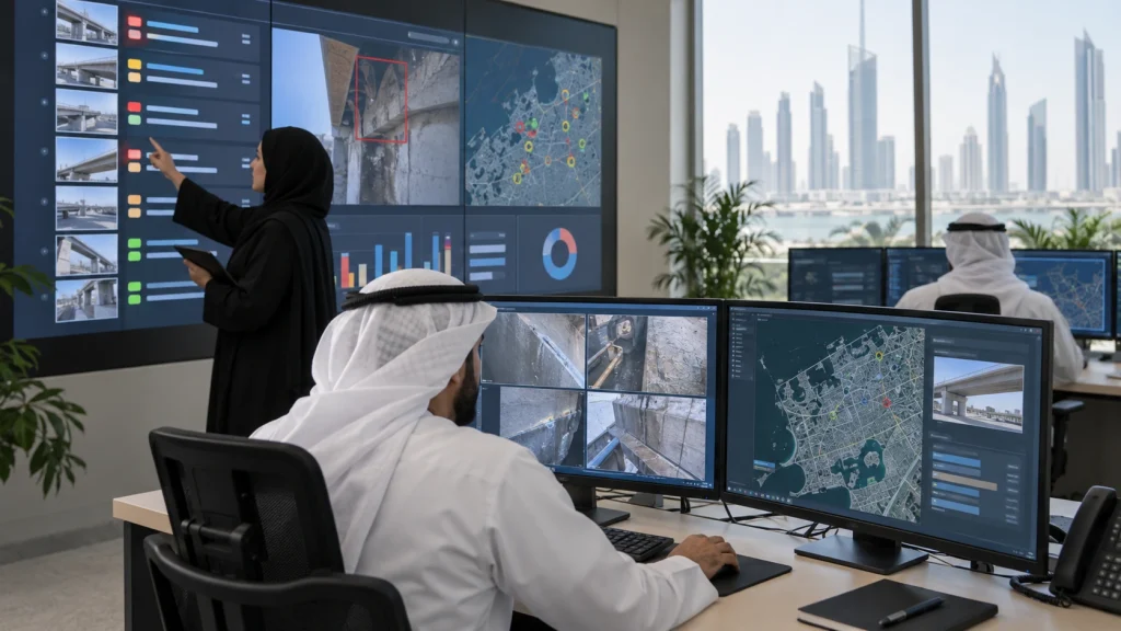 UAE inspection operations team using AI to rank computer-vision findings with GIS and maintenance context