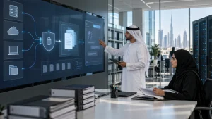 UAE government architecture team reviewing permission-aware RAG, private LLM controls and auditable evidence in a secure workspace