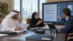 UAE government architecture team reviewing permission-aware RAG, private LLM controls and auditable evidence in a secure workspace
