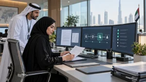 UAE government architecture team reviewing permission-aware RAG, private LLM controls and auditable evidence in a secure workspace