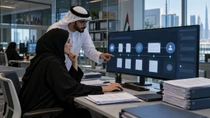 UAE government architecture team reviewing permission-aware RAG, private LLM controls and auditable evidence in a secure workspace