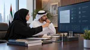 UAE government architecture team reviewing permission-aware RAG, private LLM controls and auditable evidence in a secure workspace