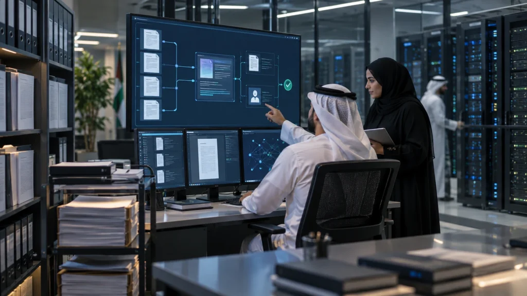 UAE government architecture team reviewing permission-aware RAG, private LLM controls and auditable evidence in a secure workspace