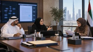 UAE government architecture team reviewing permission-aware RAG, private LLM controls and auditable evidence in a secure workspace