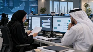 UAE government architecture team reviewing permission-aware RAG, private LLM controls and auditable evidence in a secure workspace