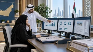 UAE government architecture team reviewing permission-aware RAG, private LLM controls and auditable evidence in a secure workspace