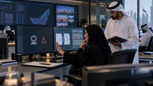 UAE government architecture team reviewing permission-aware RAG, private LLM controls and auditable evidence in a secure workspace