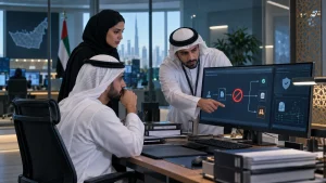 UAE government architecture team reviewing permission-aware RAG, private LLM controls and auditable evidence in a secure workspace