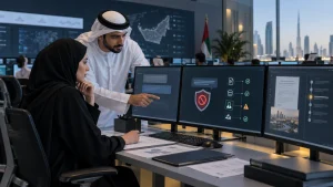 UAE government architecture team reviewing permission-aware RAG, private LLM controls and auditable evidence in a secure workspace