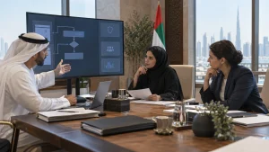 UAE government architecture team reviewing permission-aware RAG, private LLM controls and auditable evidence in a secure workspace