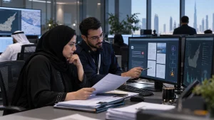 UAE government architecture team reviewing permission-aware RAG, private LLM controls and auditable evidence in a secure workspace