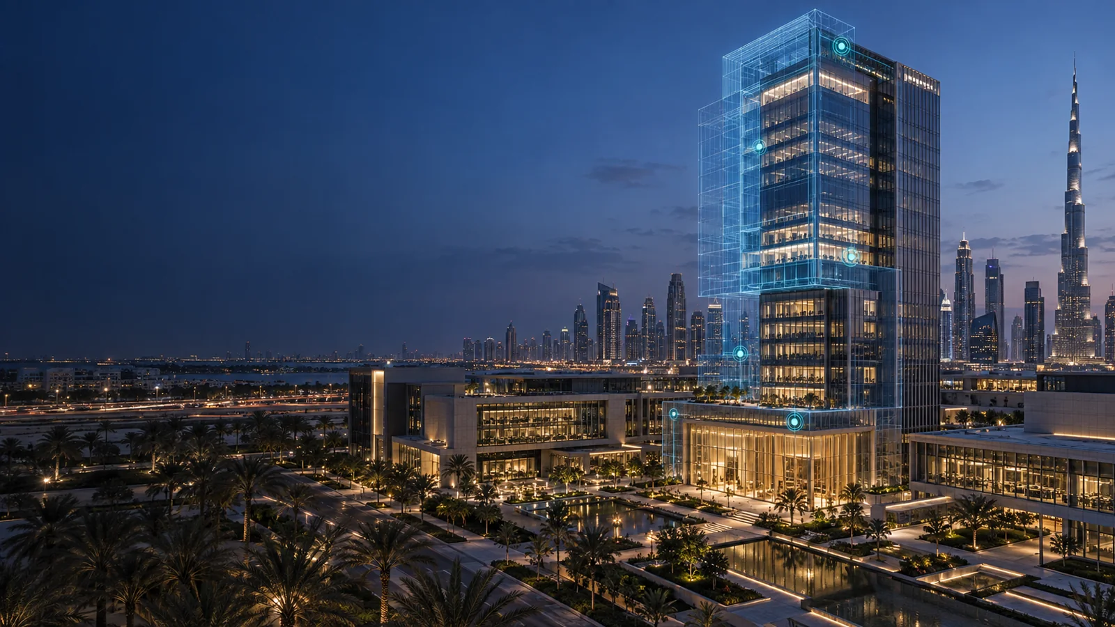 Digital twin view of a connected commercial building in Dubai at dusk