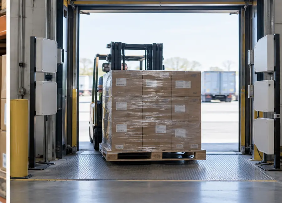 Pallet passing through an RFID dock-door portal