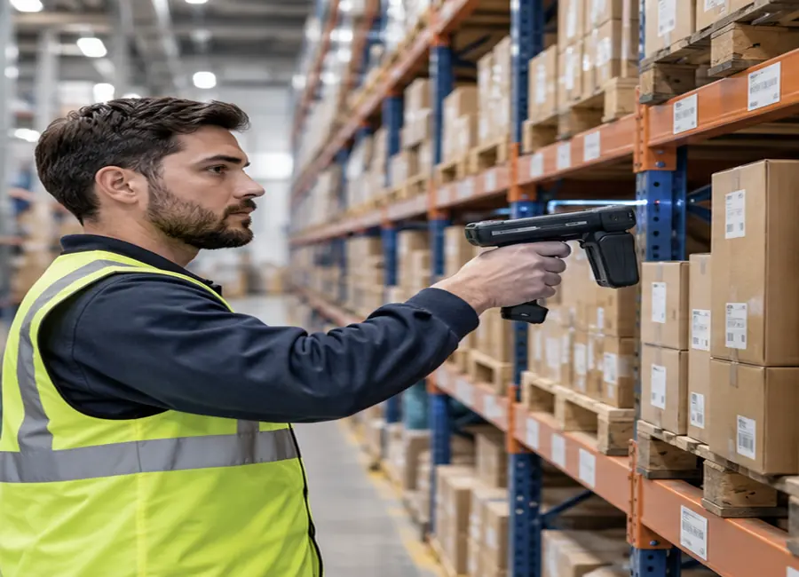 Warehouse operator scanning cartons with a handheld RFID reader