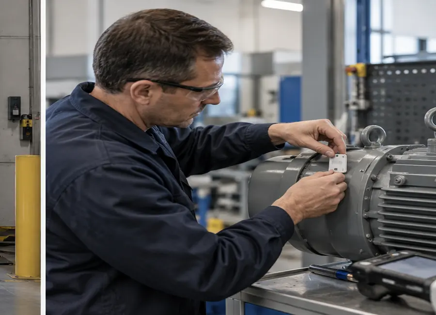 Technician attaching an on-metal RFID tag to industrial equipment