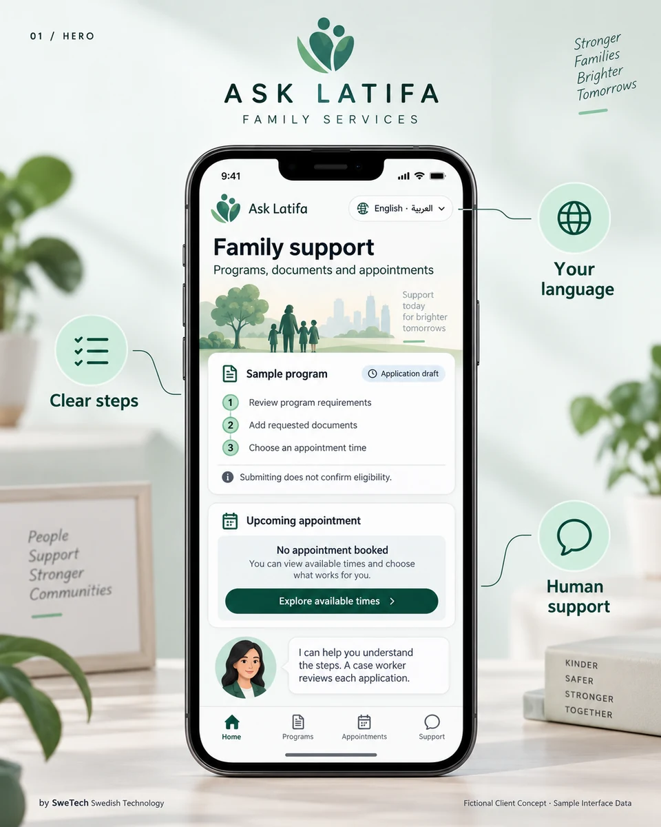 English hero board for the Ask Latifa AI project concept