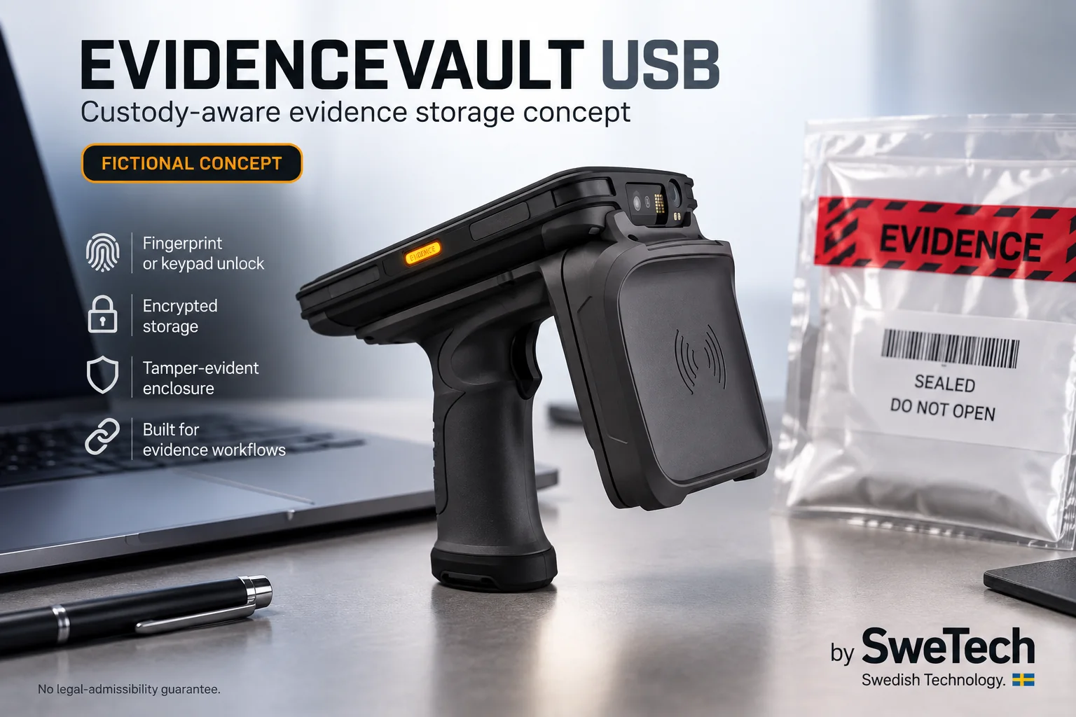 English hero board for EvidenceVault USB hardware product concept