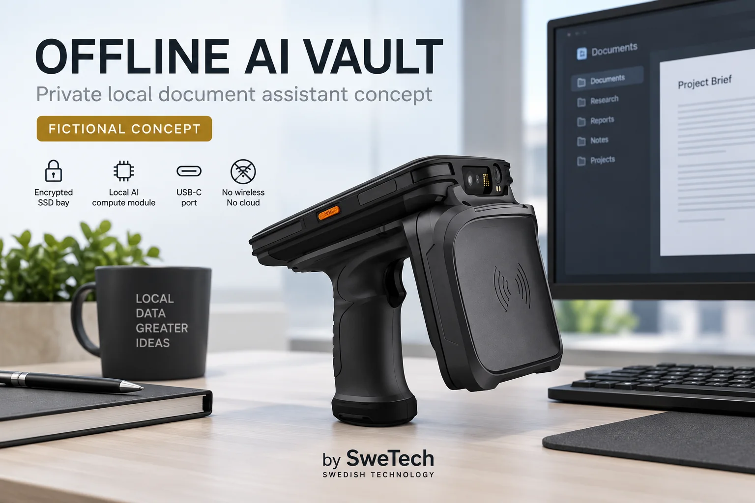 English hero board for Offline AI Vault hardware product concept